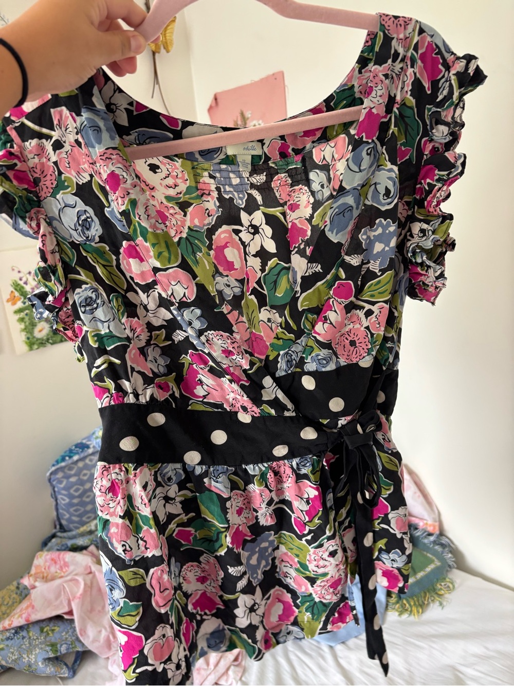 Floral Wrap Top with Polka Dot Waist Tie
